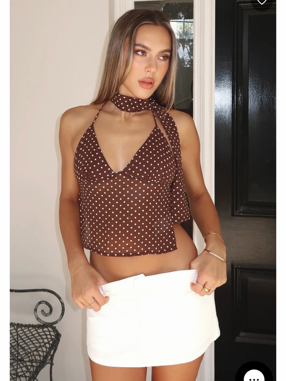 White Fox Boutique Brown Polka Dot Halter Crop Top with Neck Scarf